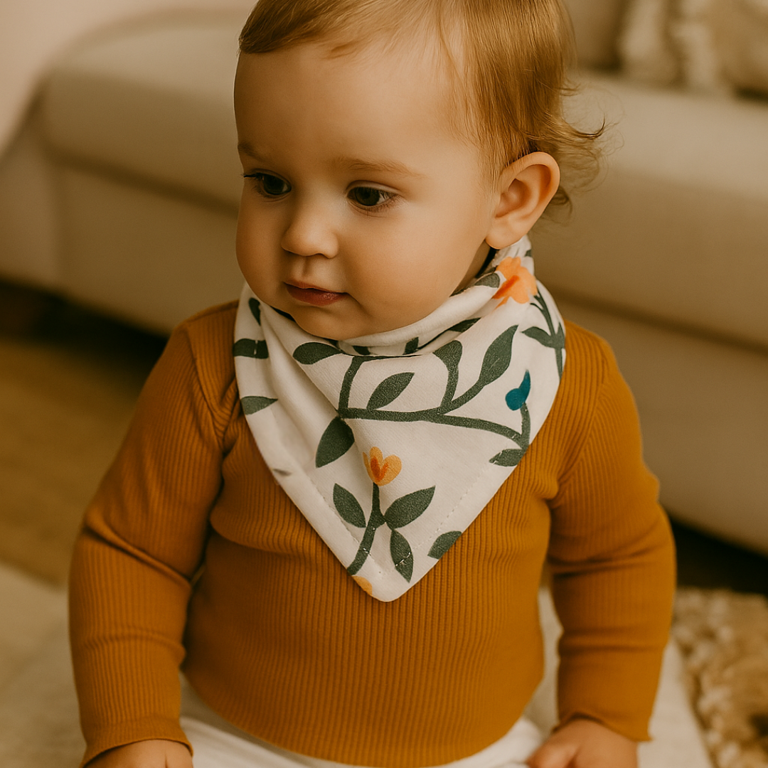 Bebê de 18 meses usando bandana floral vintage em ambiente elegante, com iluminação suave e sem olhar diretamente para a câmera, transmitindo leveza e sofisticação.
