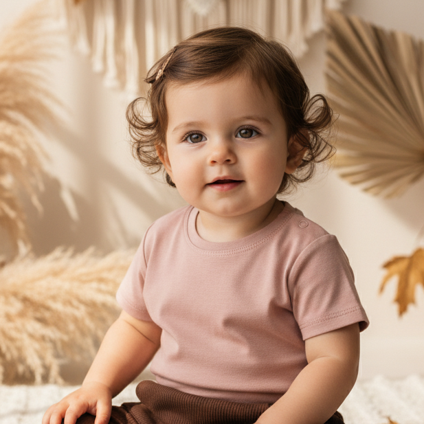 camiseta-bebe-infantil-nude-premium-meia-malha com bebe vestindo e calca marrom café means love baby