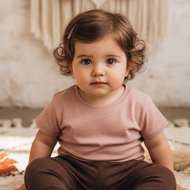 camiseta-bebe-infantil-nude-premium-meia-malha com bebe vestindo e calca marrom café means love baby