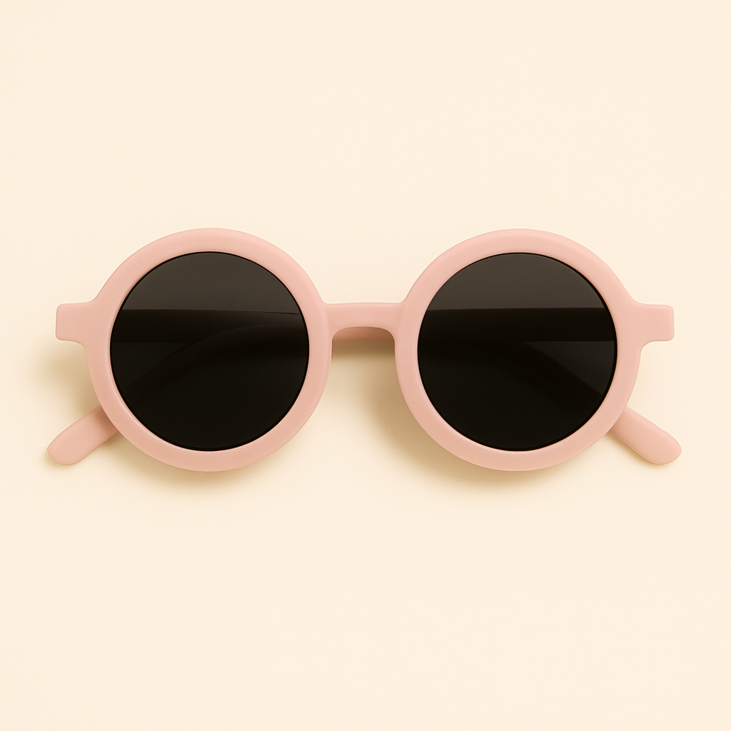Óculos de sol infantil redondo com armação rosa claro fosca e lentes escuras, modelo unissex da marca Means Love Baby