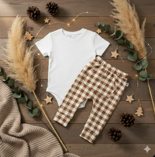 🎄 Look de Natal Minimalista para Bebês: Branco Puro + Vichy Marrom para um Natal Aconchegante e Atemporal