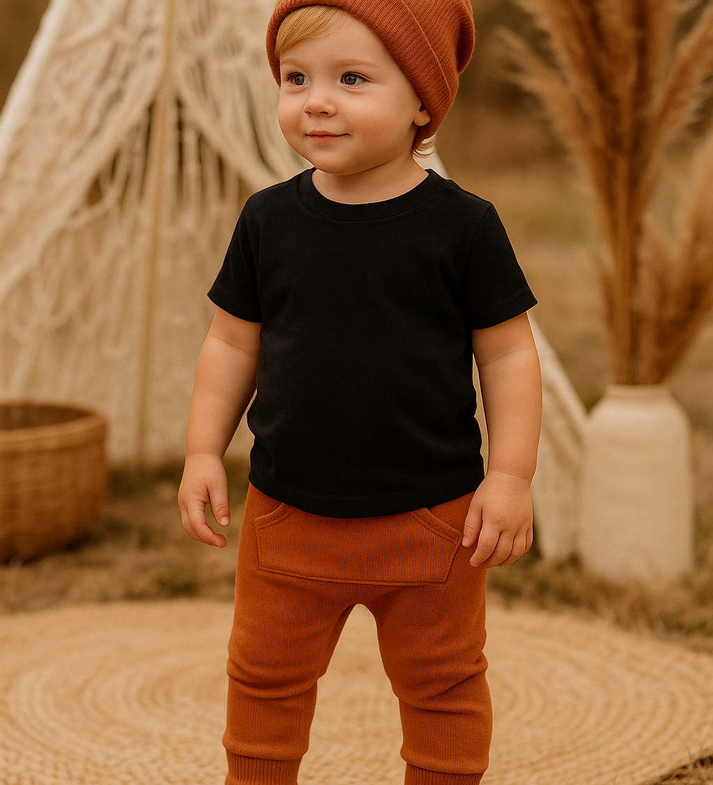 Look: Calça Ferrugem com bolsos + Camiseta Preta + Touca Ferrugem = Conforto e Estilo para Aventuras do Dia a Dia