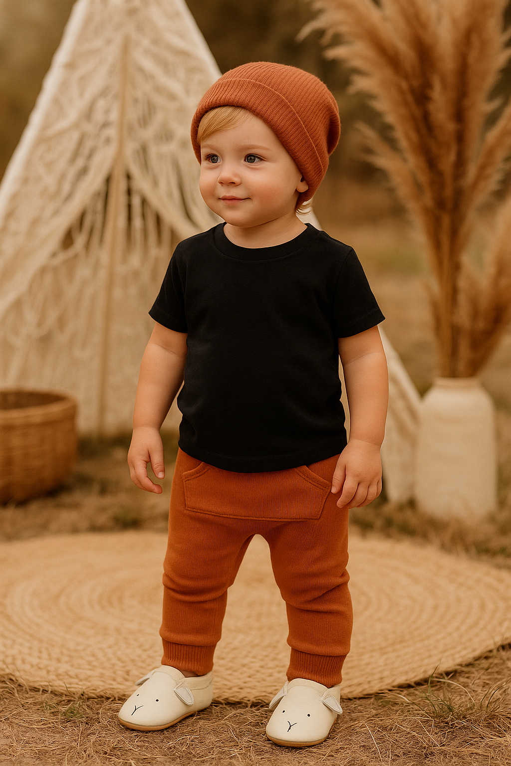 Look: Calça Ferrugem com bolsos + Camiseta Preta + Touca Ferrugem = Conforto e Estilo para Aventuras do Dia a Dia