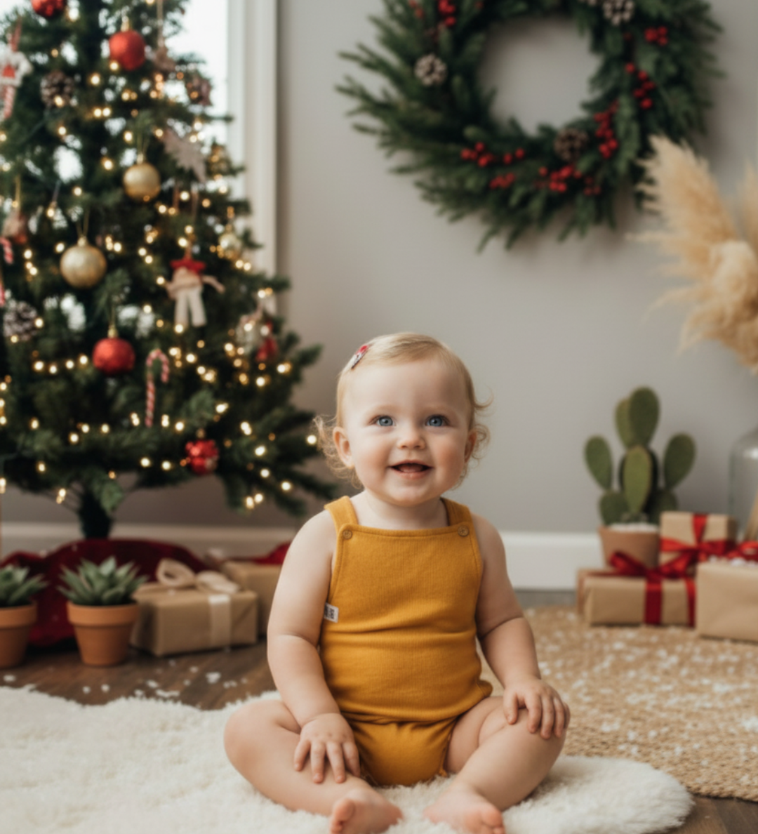🌟Look de Natal Minimalista para Bebês: A Elegância Atemporal da Salopete Amarelo Vibrante