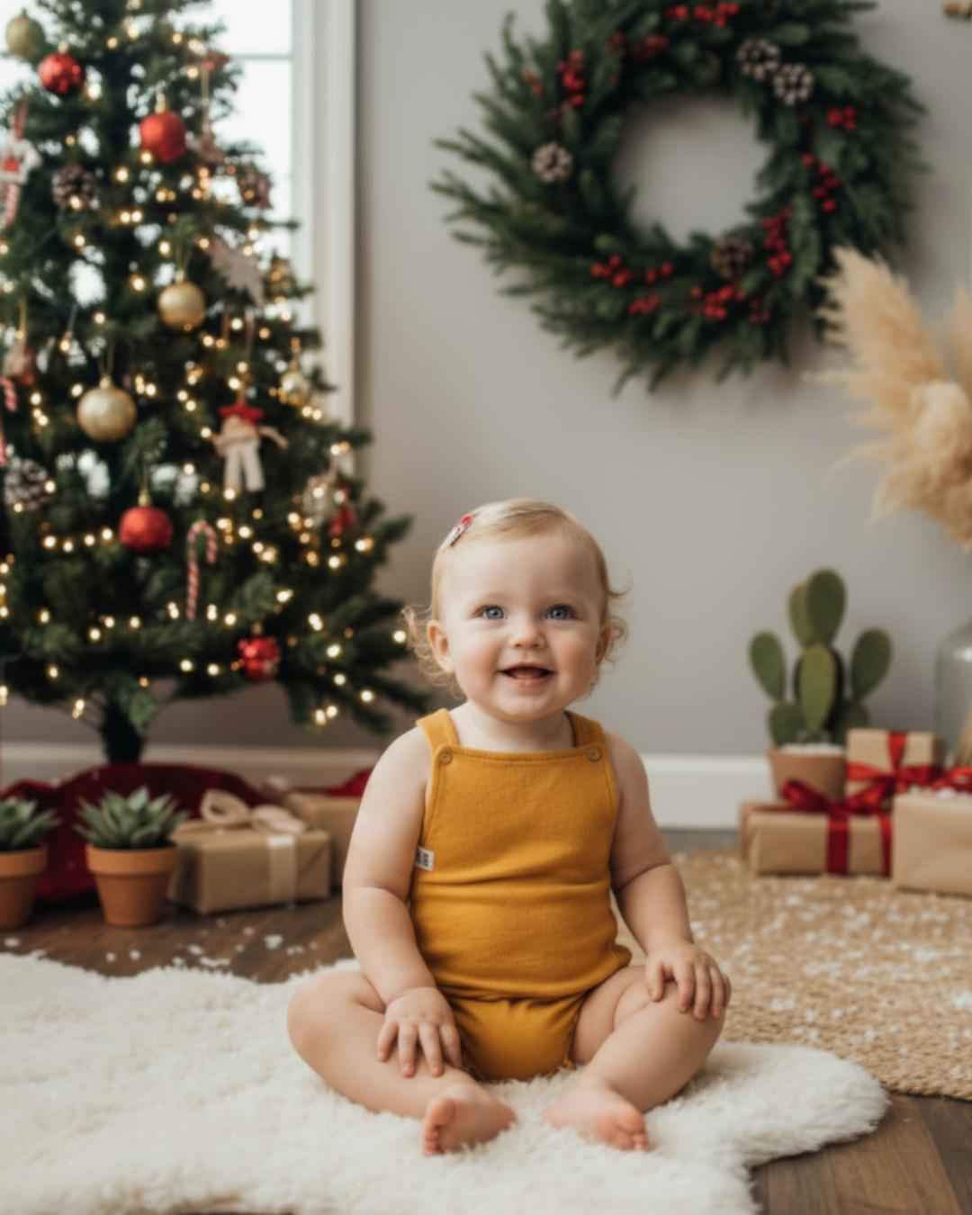 🌟Look de Natal Minimalista para Bebês: A Elegância Atemporal da Salopete Amarelo Vibrante