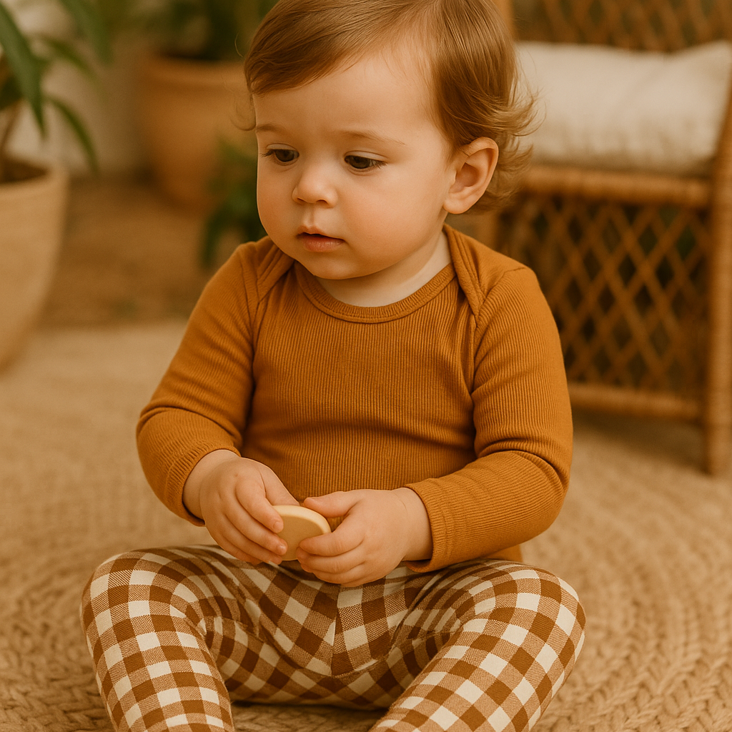 Body canelado premium cor doce de leite em bebê sentado, com luz suave e fundo neutro de linho, transmitindo conforto e elegância.

