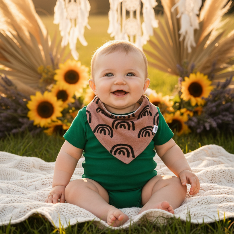 Bandana Babador Bebê Super Absorvente Forro Atoalhado Premium estampa exclusiva Arco Iris Boho Fundo Marrom bebe usando com body verde bandeira