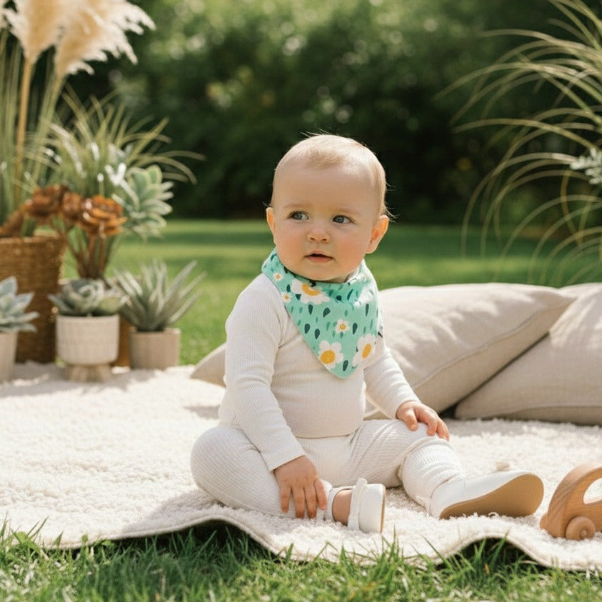Bandana_Babador_Beb_Super_Absorvente_Forro_Atoalhado_Premium_estampa_exclusiva_margaridas_vintage detalhe bebe no parque
