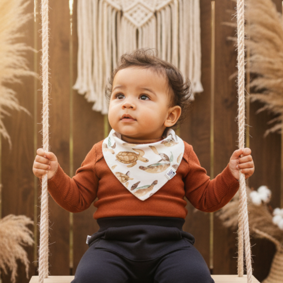 Bandana_Babador_Beb_Super_Absorvente_Forro_Atoalhado_Premium_estampa_exclusiva_tartarugas_aquareladas menino vestindo a bandana