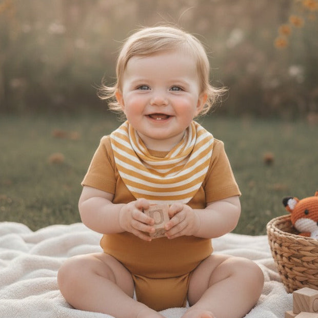  Bandana Babador Listras Horizontais simetricas mostarda com forro atolhado bebe vestindo 