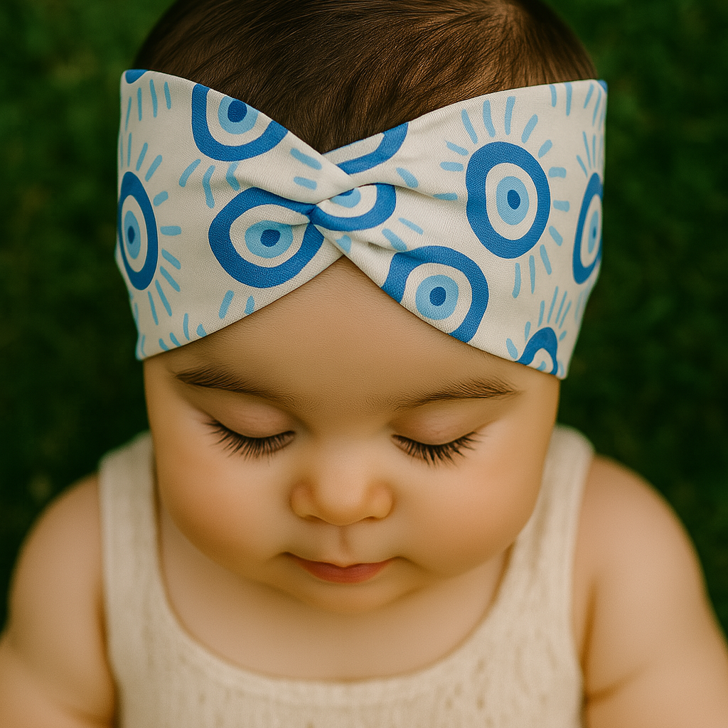 Faixinha de Cabelo Bebê - Algodão Stretch Estampa Exclusiva | Olho Grego Azul