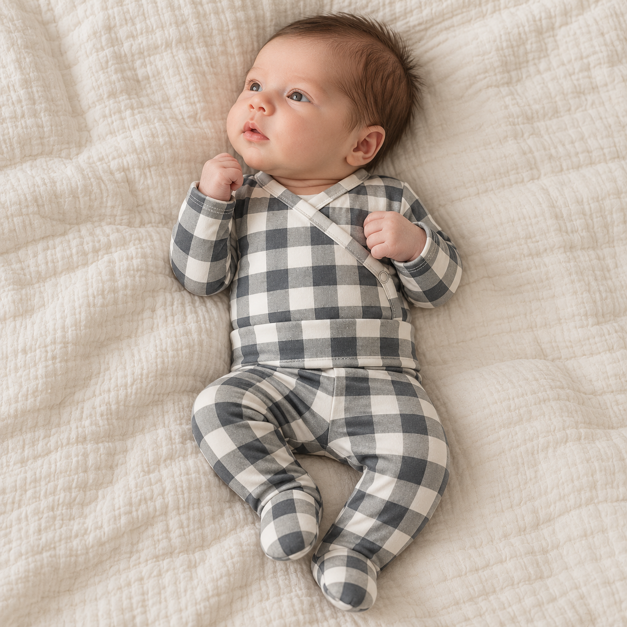Conjunto Body Kimono + Calça com Pezinho – Recém-Nascido à 3 Meses | Cotton Adapt - Vichy Preto