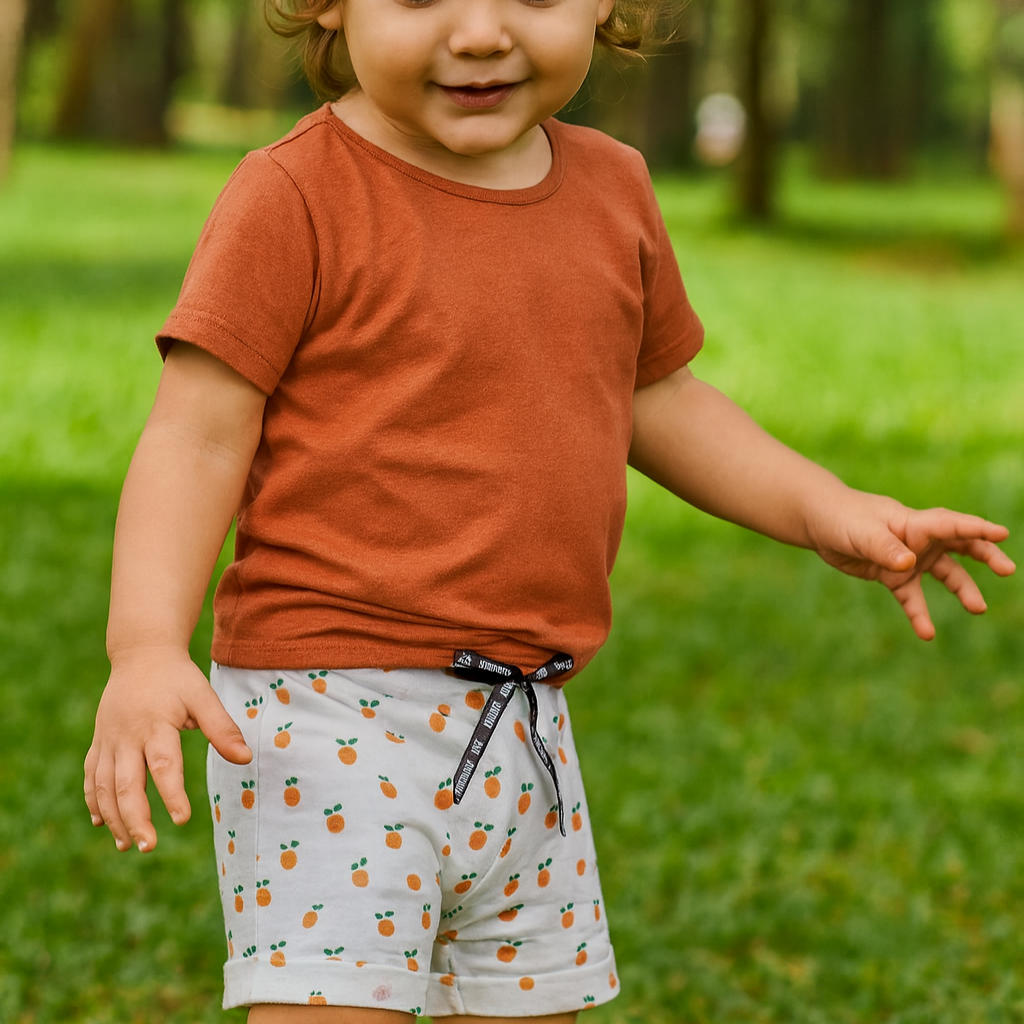 Bermuda Bebê/Infantil Unissex – Algodão Premium Estampada Exclusiva | Mini Laranjinhas Boho