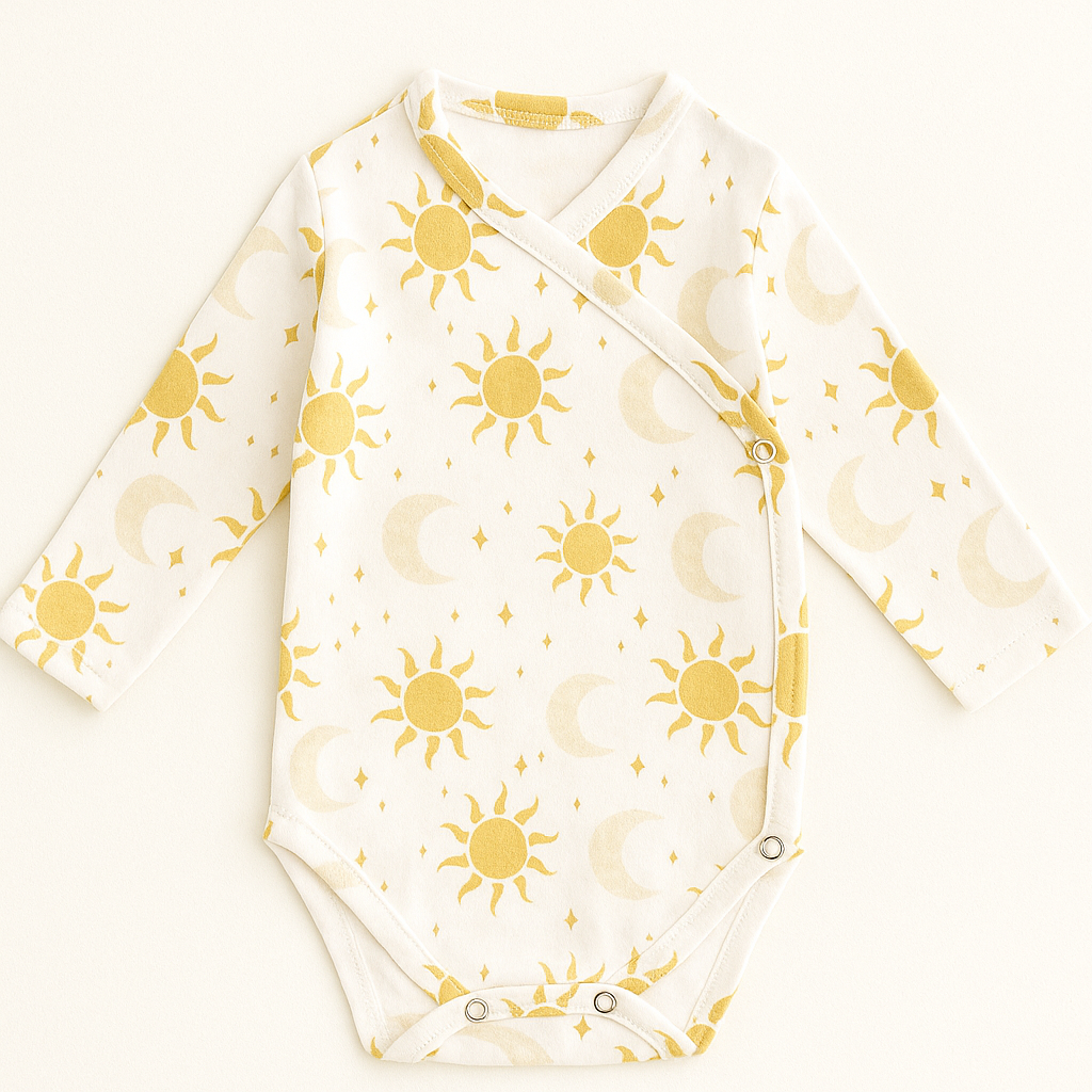 Body Kimono Bebê Recém-Nascido à 3 Meses Unissex - Algodão Stretch Premium Estampa Exclusiva | Sol e Lua