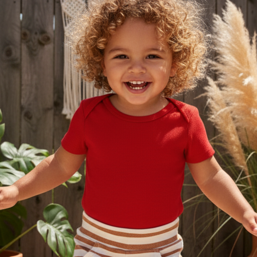 Infantil Manga Curta Unissex - Algodão Stretch Premium Liso | Vermelho