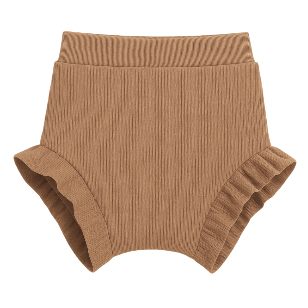 Short Bebê e Infantil Plissado Menina – Algodão Canelado Premium Liso | Marrom Claro