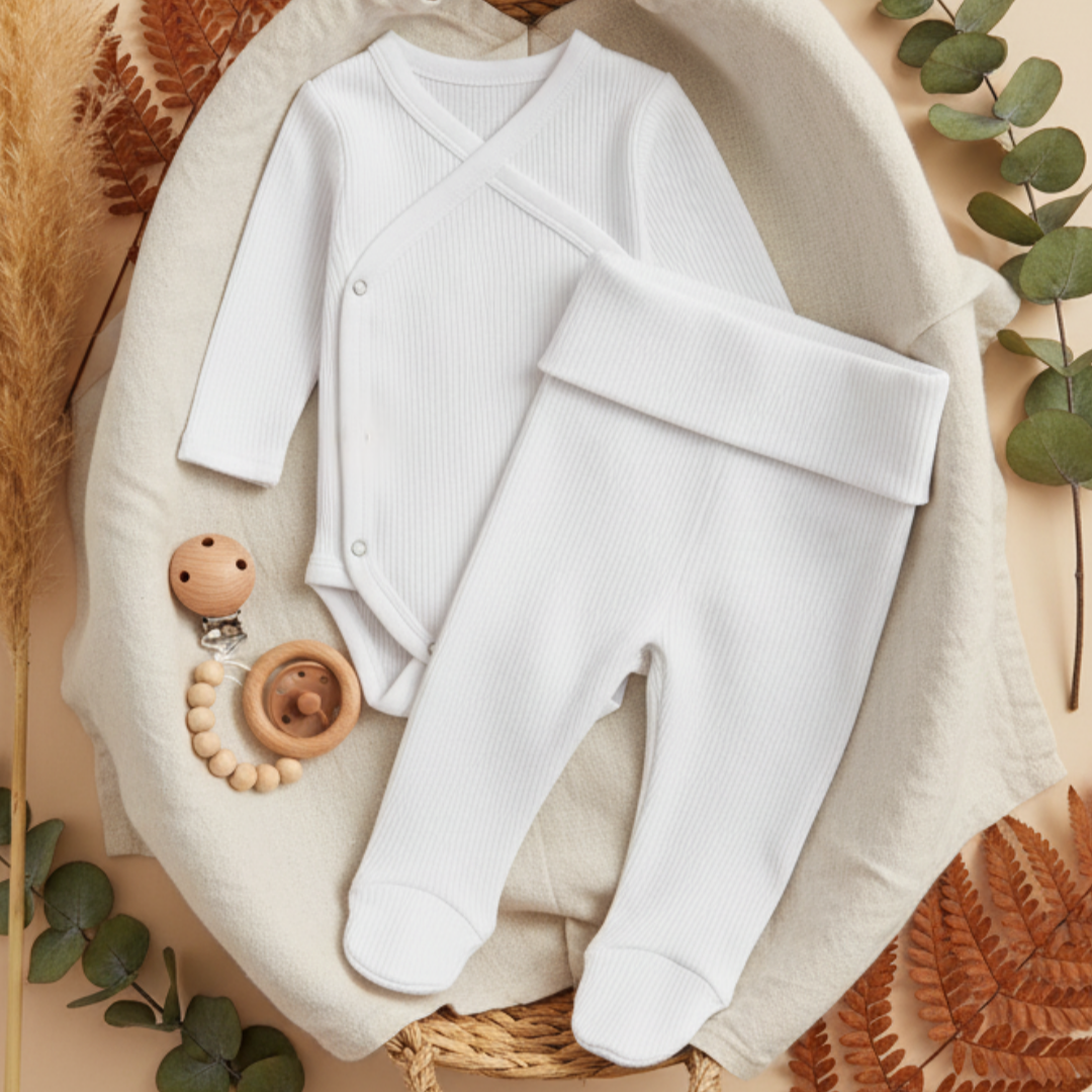 Kit: Body Kimono Recém-Nascido à 3 Meses + Calça de Pezinho Recém-Nascido à 3 Meses - Canelado Premium Liso | Branco
