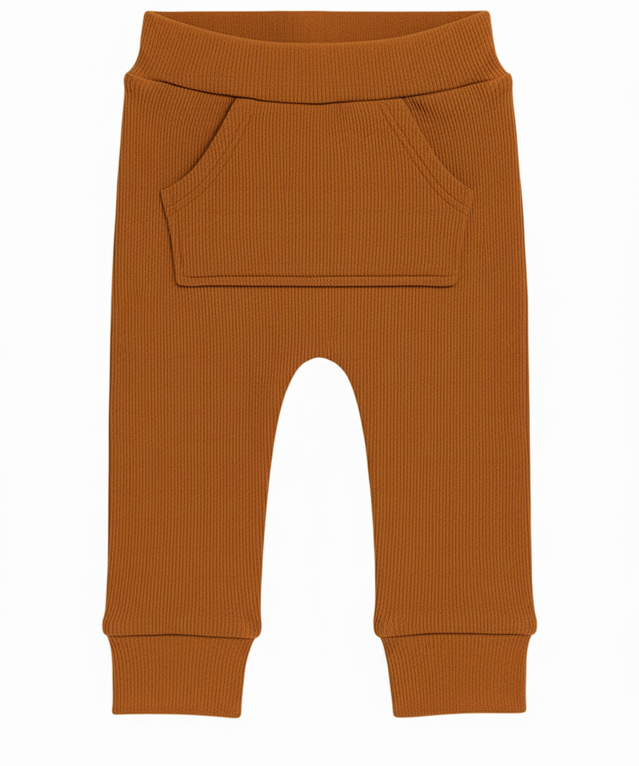 Calça Bebe e Infantil Bolsão Canguru Unissex Algodao Canelado Premium Liso Caramelo catalogo