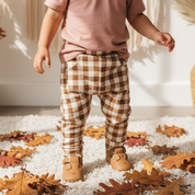 Calca Bebe e Infantil Unissex Com Bolsao Canguru Tecido Cotton Premium Estampa Exclusiva  Vichy Marrom Classico