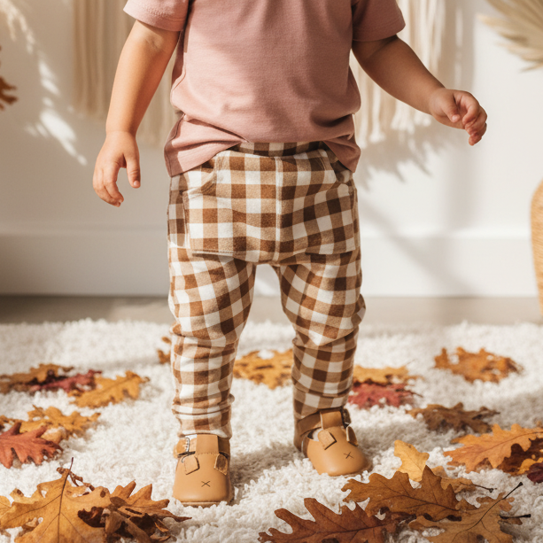 Calca Bebe e Infantil Unissex Com Bolsao Canguru Tecido Cotton Premium Estampa Exclusiva  Vichy Marrom Classico