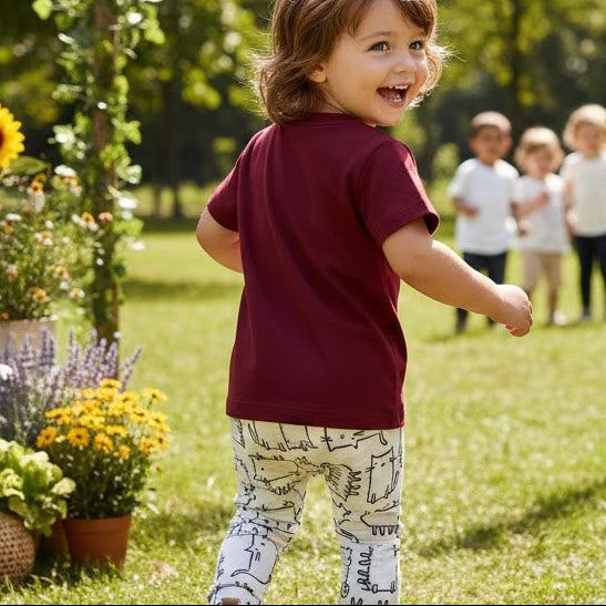 Camiseta Bebê e Infantil Manga Curta Lisa Unissex merlot menina vestindo no parque