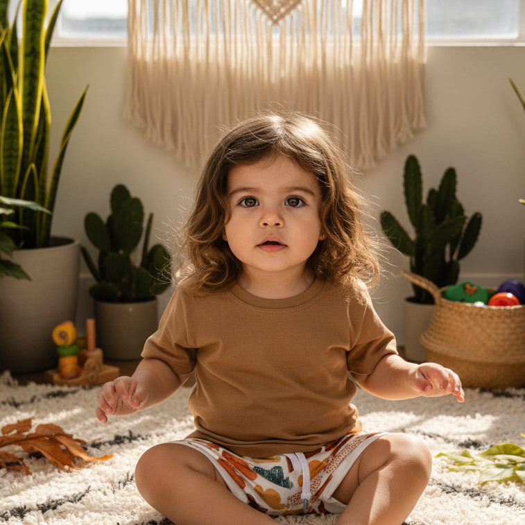 Camiseta bebe infantil 100 por cento algodao lisa means love baby cor marrom claro crianca vestindo