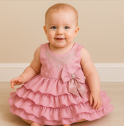 Vestido Bebê/Infantil de Festa Rodado com Camadas, Laço e Pedraria – Rosa Sonho