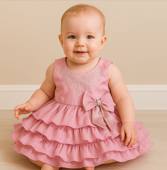 Vestido Bebê/Infantil de Festa Rodado com Camadas, Laço e Pedraria – Rosa Sonho