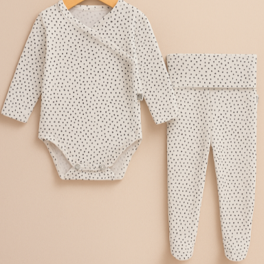 Kit Recém-Nascido – Calça com Pezinho + Body Kimono Unissex - Malha Algodão Estapada | Dots