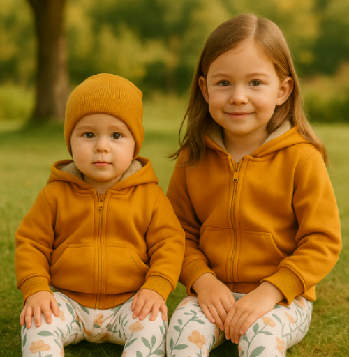 Jaqueta Bebê/Infantil Com Capuz e Forro Peludo Grosso Areia Claro | Cor Externa Mostarda