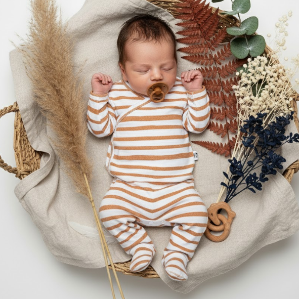 Kit: Body Kimono Recém-Nascido à 3 Meses + Calça de Pezinho Recém-Nascido à 3 Meses - Algodão Premium Estampa Exclusiva | Listras Amarelas