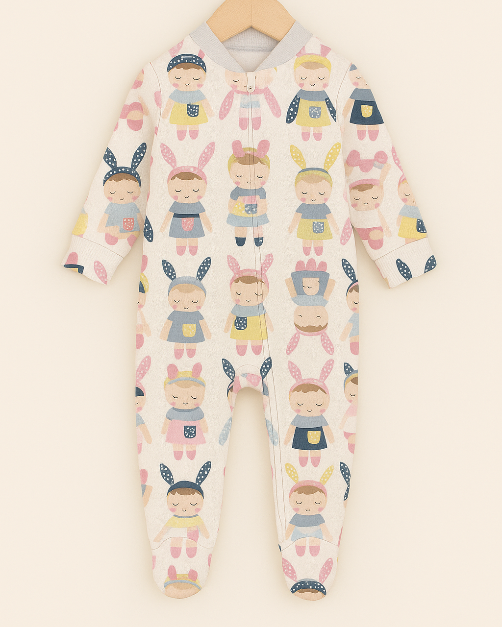 [PRÉ-VENDA] Macacão Recém-Nascido a 3M Com Zíper Frontal e Pezinho - Malha Algodão Premium | Bonequinhas fundo branco