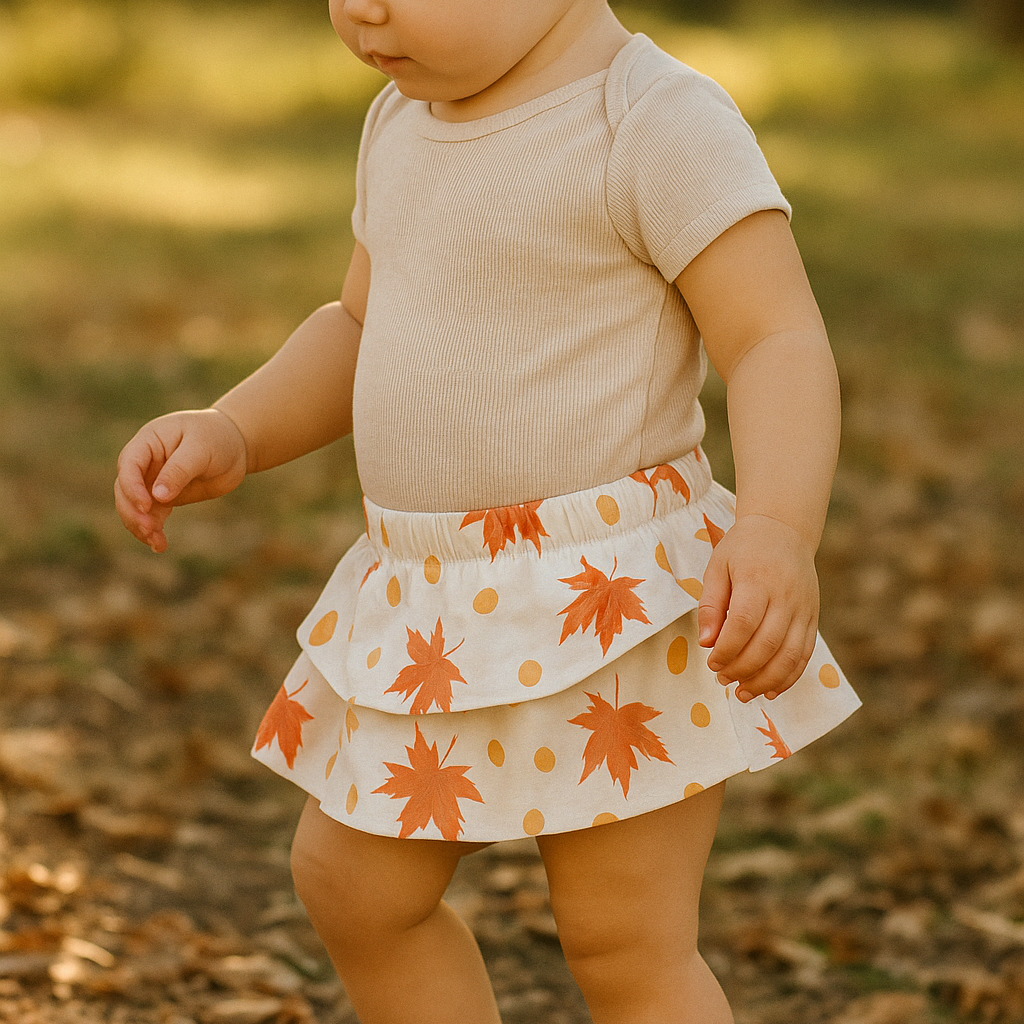 Short Saia Bebê/Infantil Com Camadas - Cotton Premium Estampa Exclusiva | Folhas de Outono