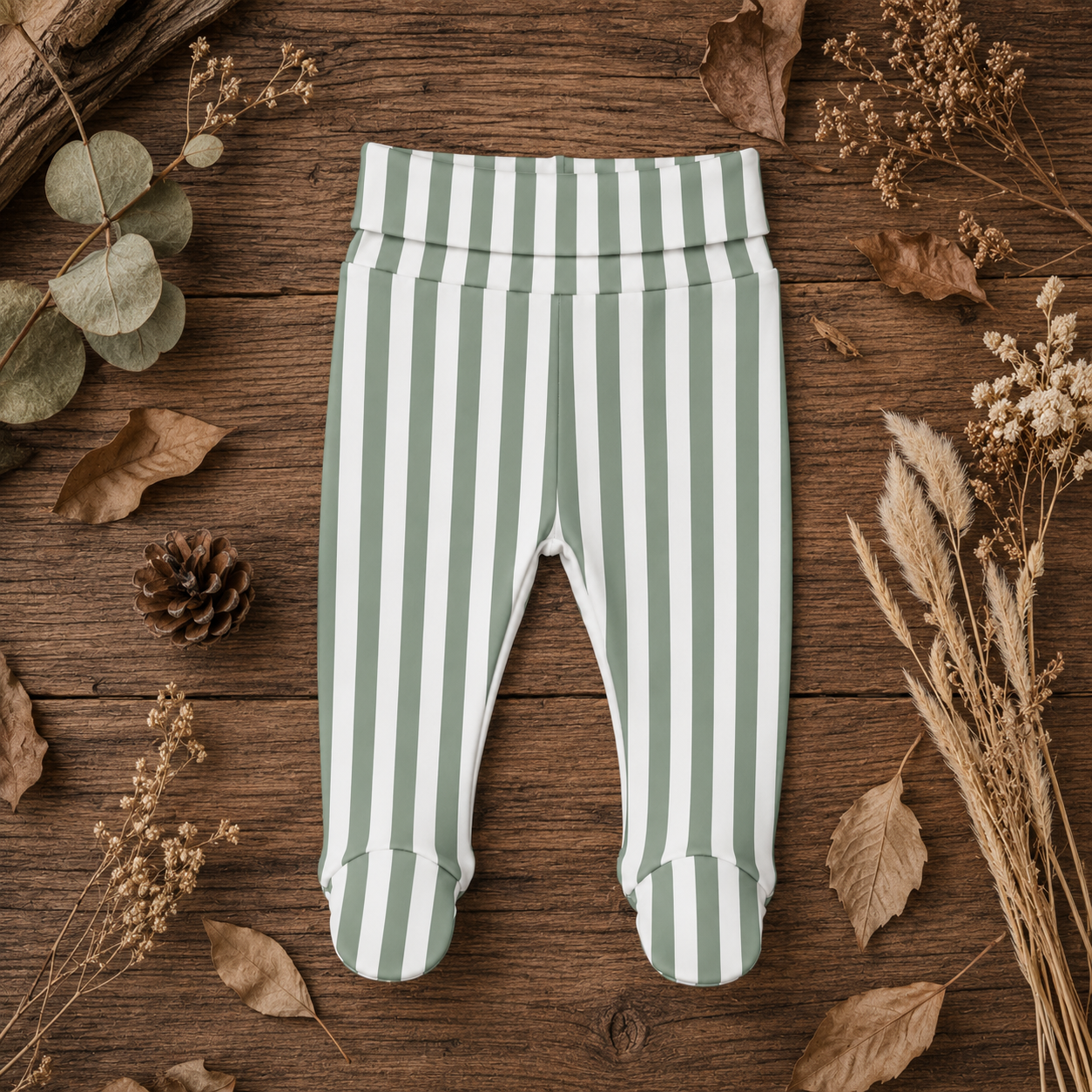 Kit Body Kimono + Calça com Pezinho Recém-Nascido a 3 Meses - Cotton Adapt | Listrado Retrô Sálvia