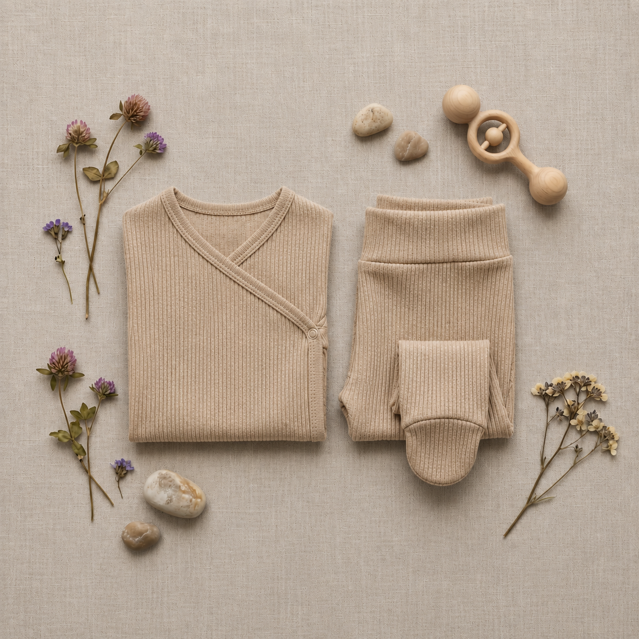 Kit Body Kimono + Calça com Pezinho – Recém-Nascido à 3 Meses | Algodão Canelado - Areia