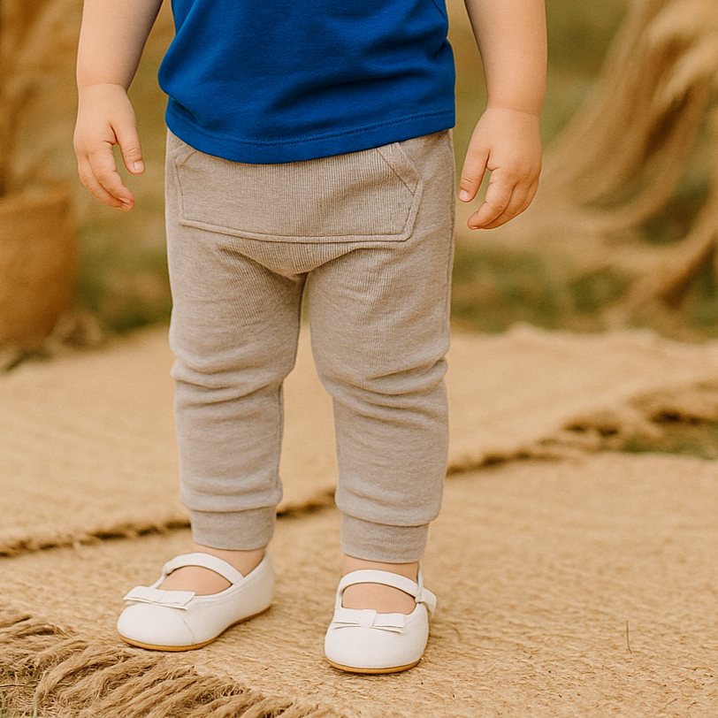 Calça Bebê e Infantil Bolsão Canguru Unissex – Canelado Premium Liso | Cinza Mescla Banana