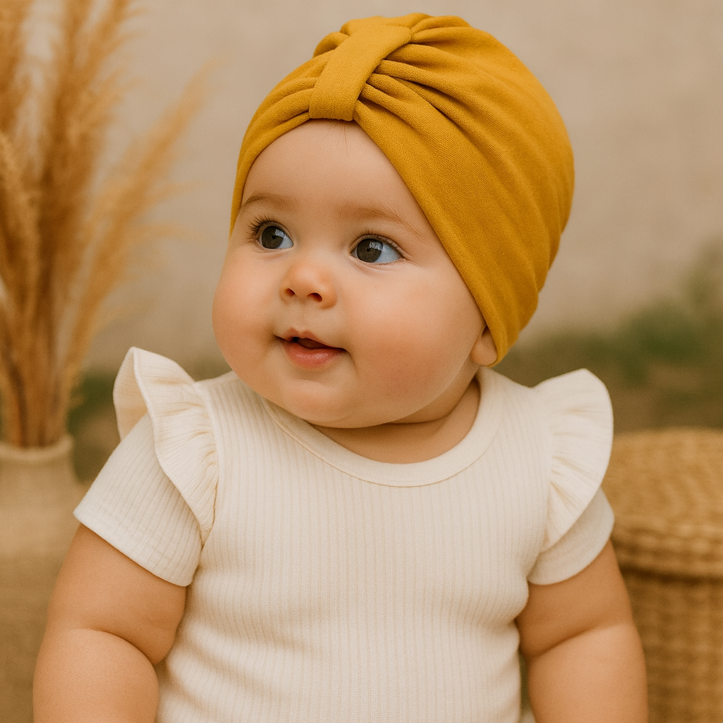 Turbante Com Lacinho Bebê Menina - Algodão Stretch Liso | Mostarda