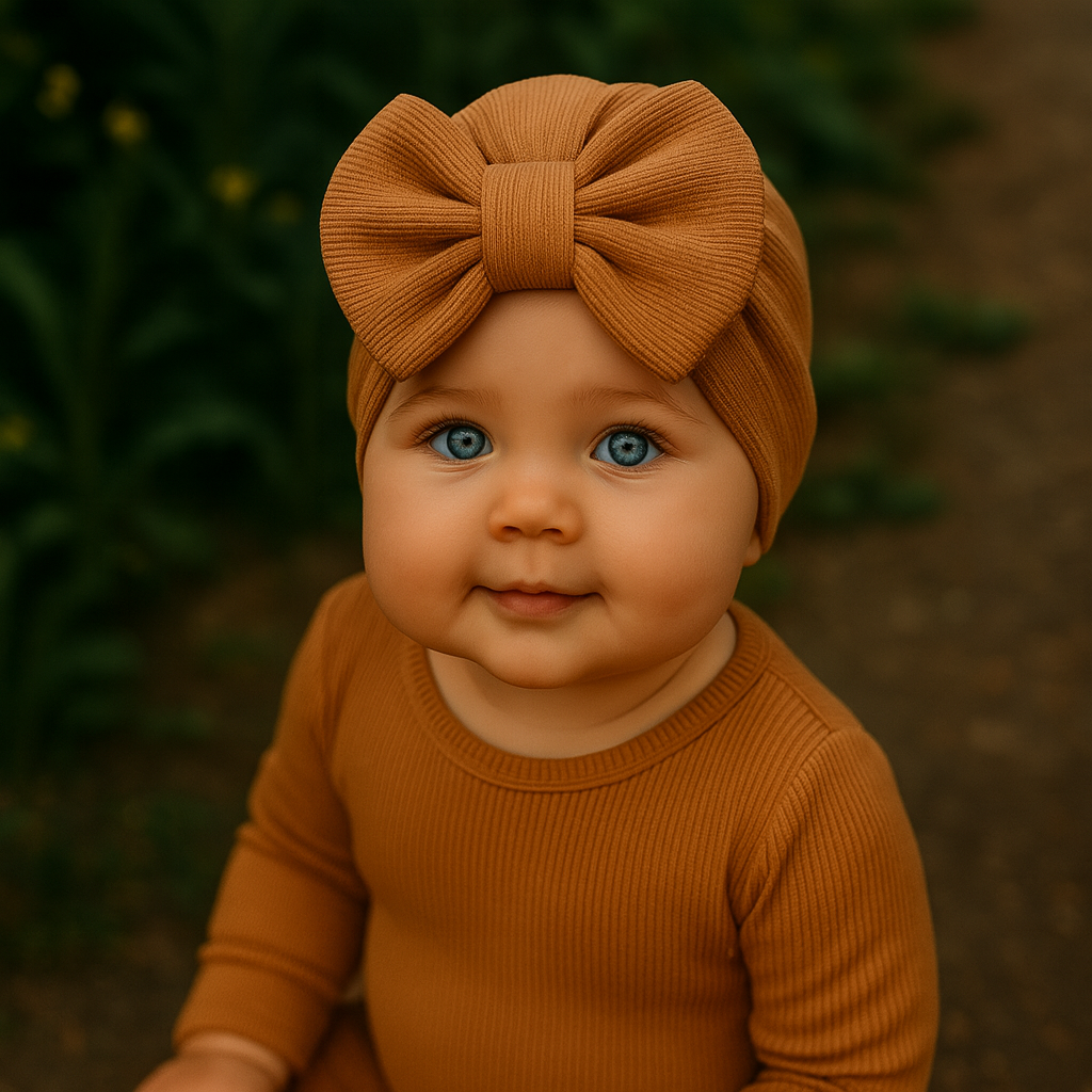 Turbante Com Lacinho Bebê Menina - Algodão Canelado Premium Liso | Marrom Claro
