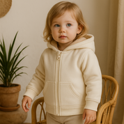 Jaqueta Bebê/Infantil Com Capuz e Forro Peluciado Grosso Areia Claro | Cor Externa Off White