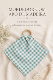 Mordedor de Madeira Natural com Paninho de Boca Atoalhado | Vichy Verde Água