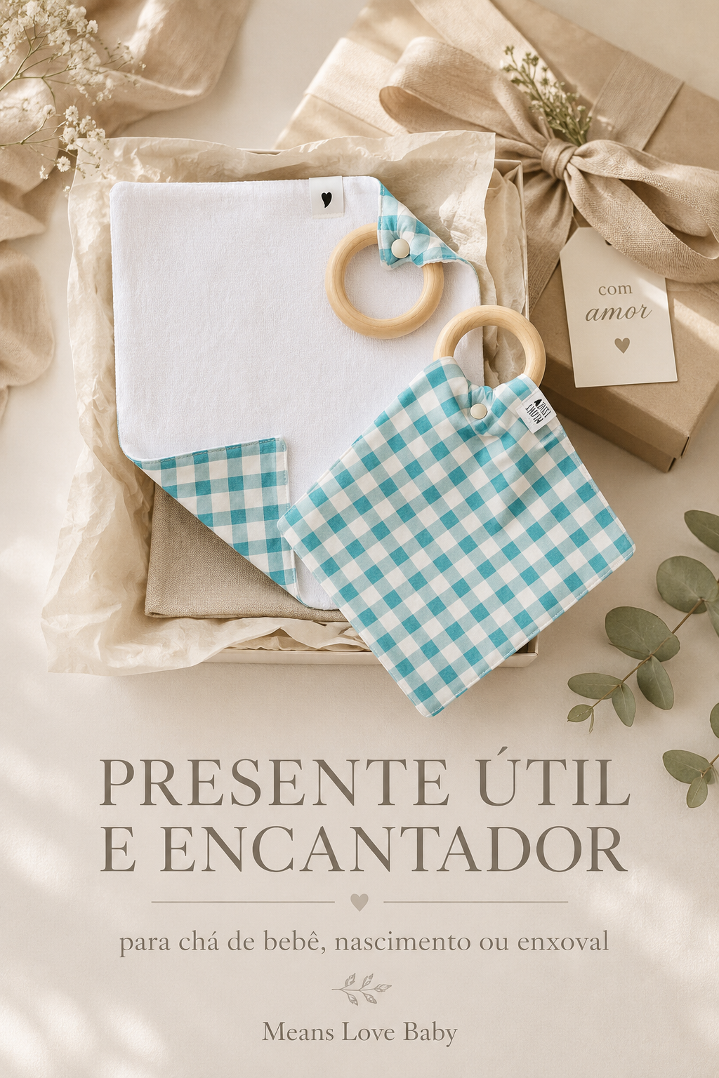 Mordedor de Madeira Natural com Paninho de Boca Atoalhado | Vichy Verde Água