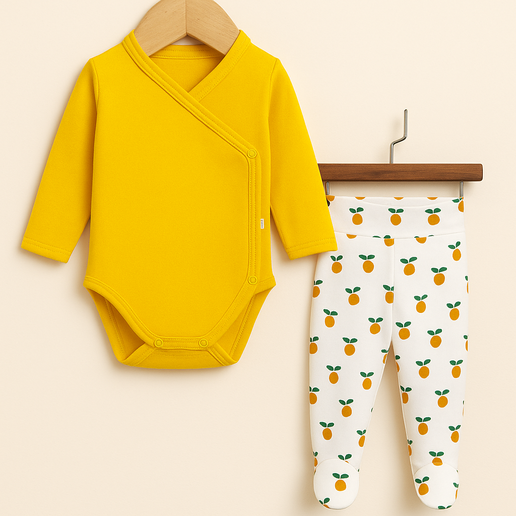 Kit Calça de Pezinho + Body Kimono  Recém-Nascido Amarelo - Calça com Pezinho Laranjinhas
