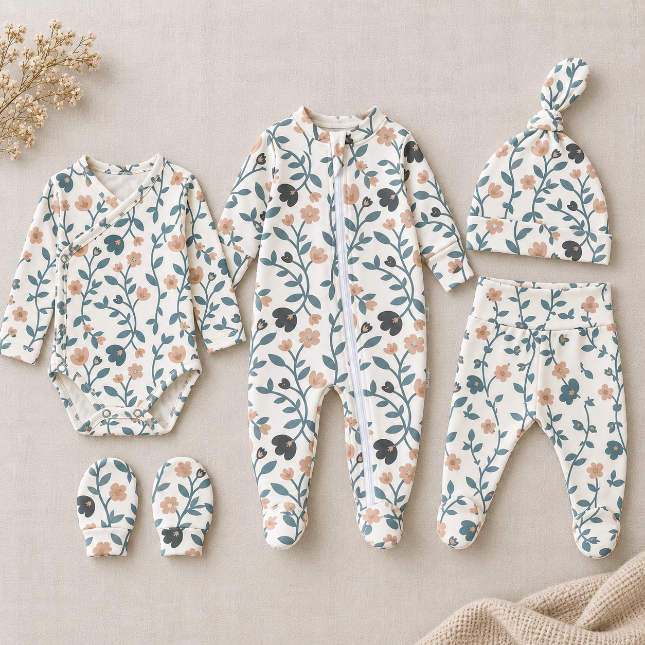 Mini Enxoval Completo 5 peças - Cotton Adapt | Floral Vintage Tons de Azul