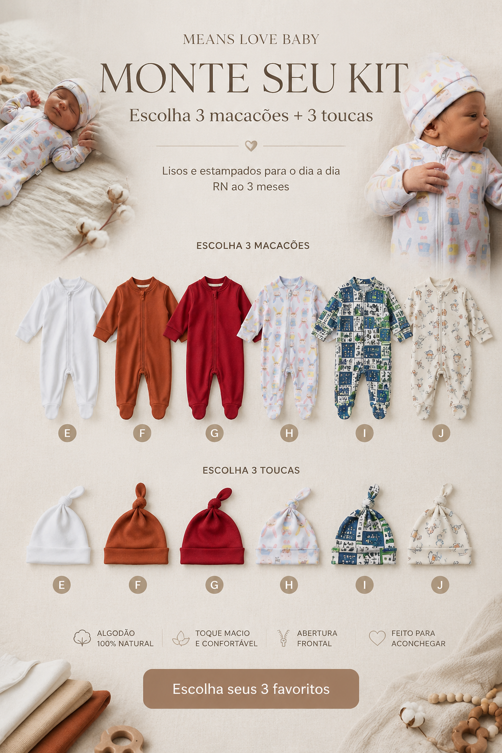 Kit Essencial Recém-Nascido | 3 Macacões com Pezinho + Toucas Coordenadas