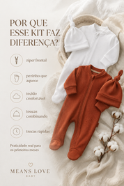 Kit Essencial Recém-Nascido | 3 Macacões com Pezinho + Toucas Coordenadas