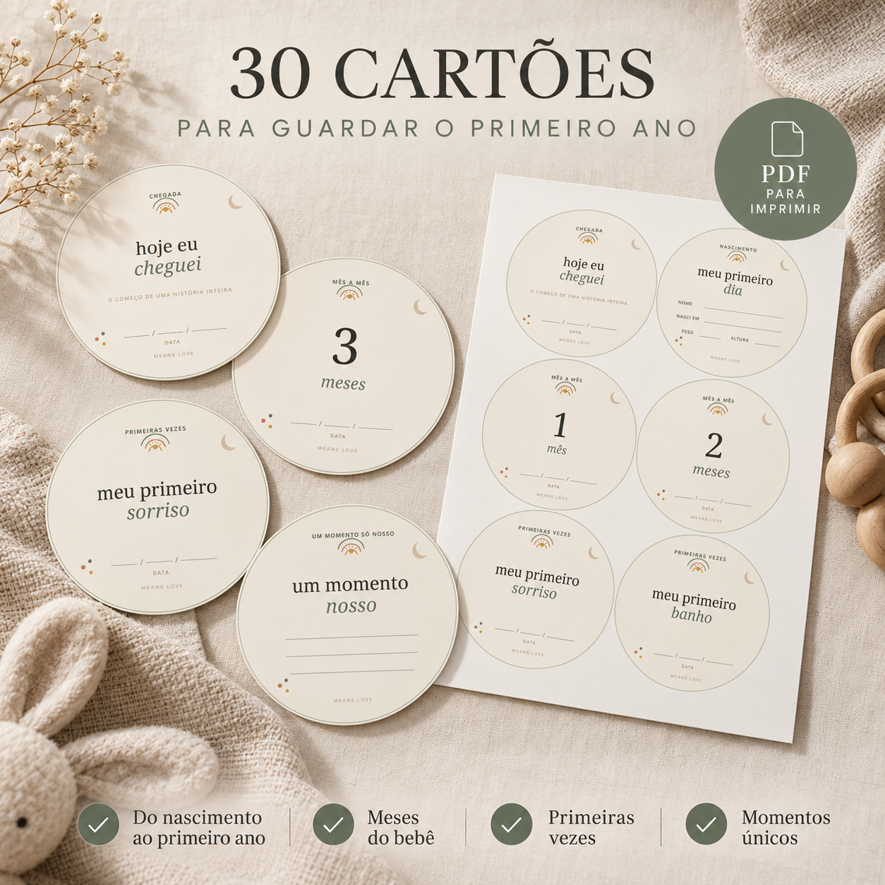 Kit Cartões de Marcos do Bebê — 30 Cartões para Imprimir | Primeiro Ano Completo