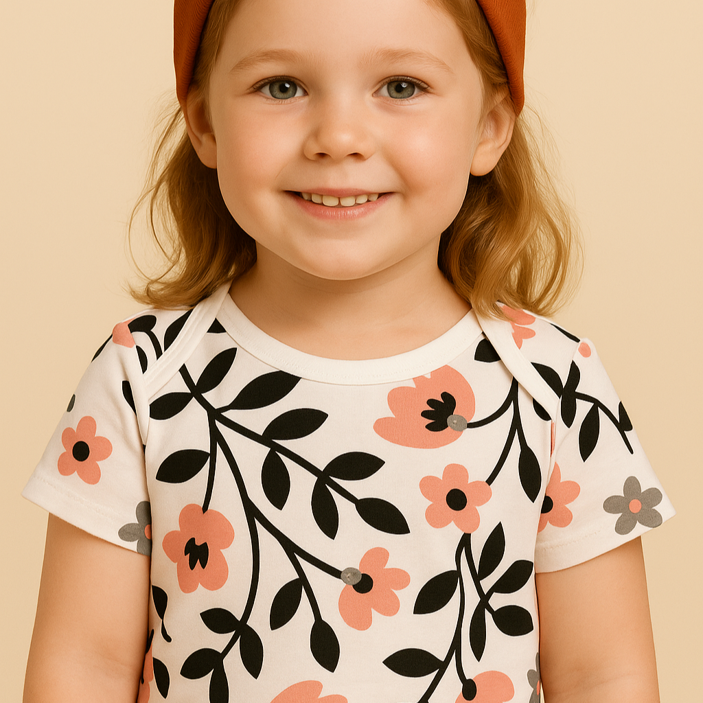 Blusa Infantil Manga Curta Menina- Algodão Stretch Estampado | Floral Vintage