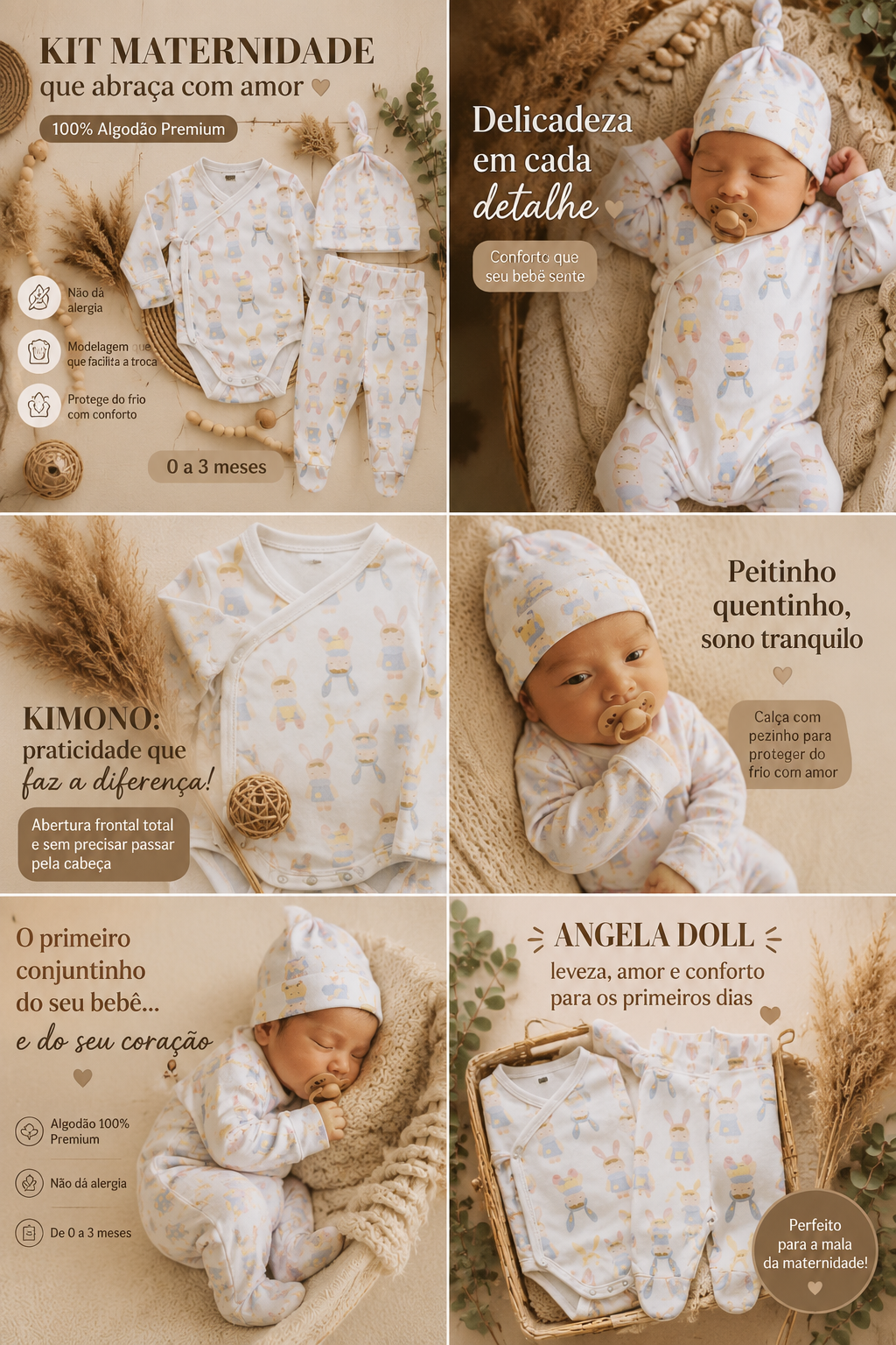 Kit: Body Kimono + Calça de Pezinho - Recém-Nascido à 3 Meses - Malha Algodão | Angela Doll