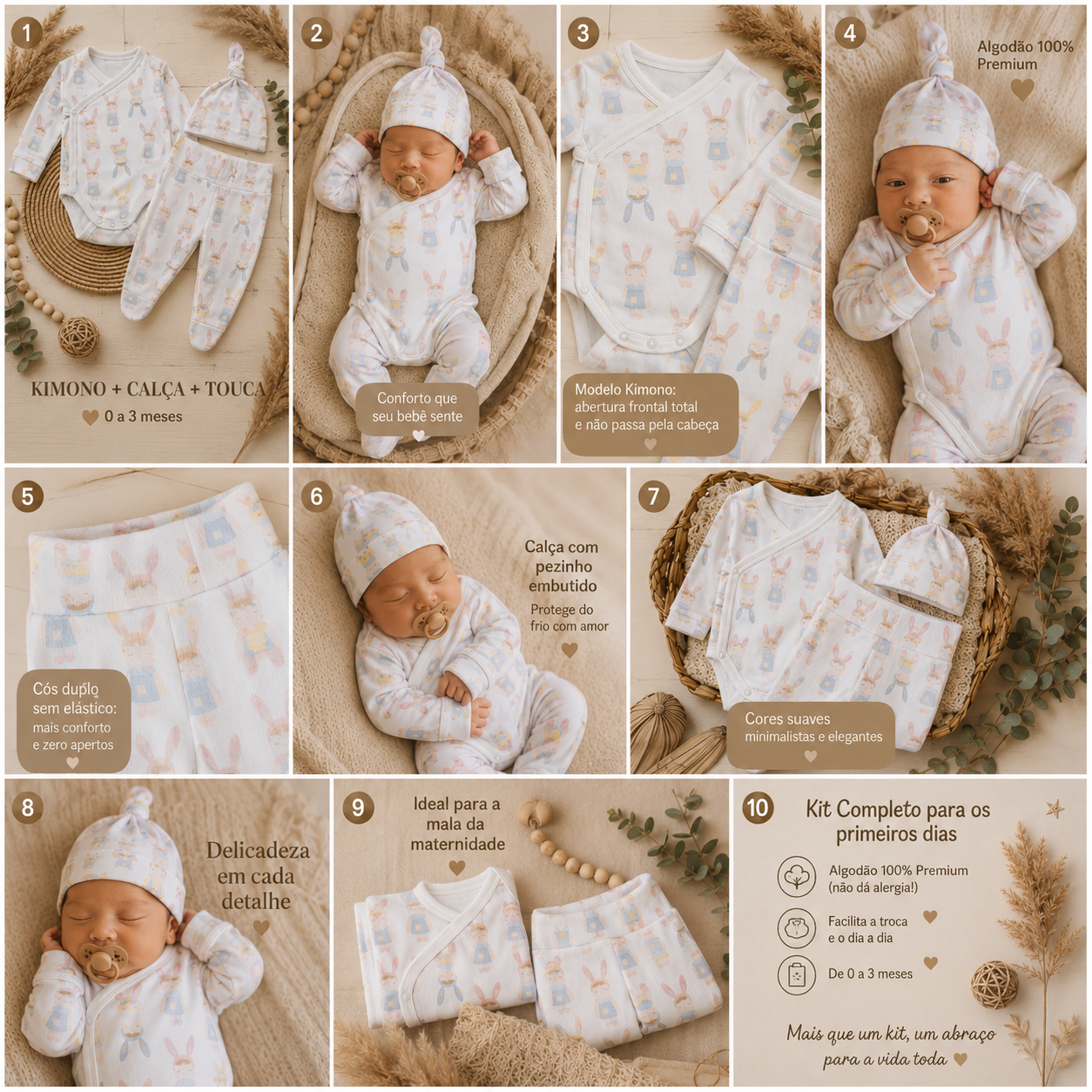Kit: Body Kimono + Calça de Pezinho - Recém-Nascido à 3 Meses - Malha Algodão | Angela Doll