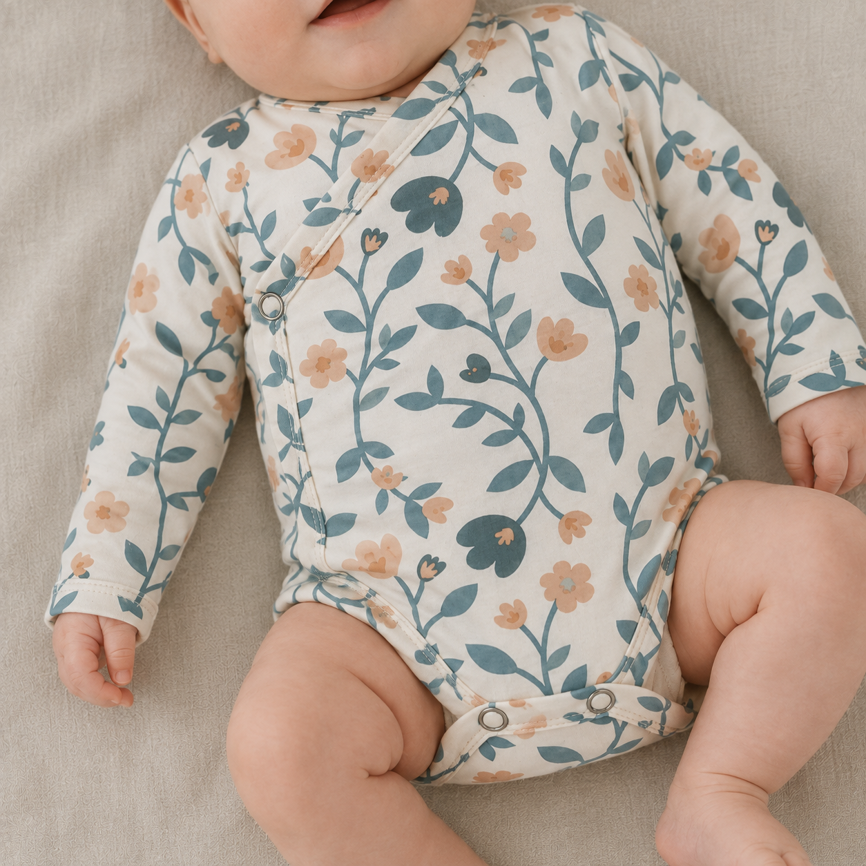 Kit: Body Kimono + Calça de Pezinho - Recém-Nascido à 3 Meses - Cotton Adapt | Floral Vintage Tons de Azul